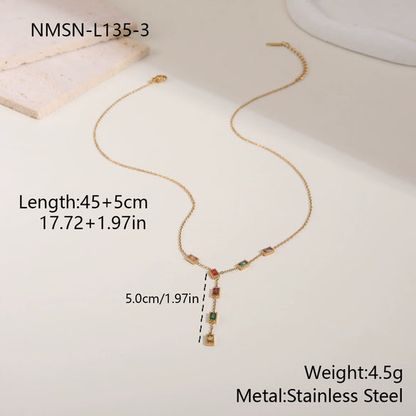Wholesale Women's Geometric Pattern Electroplated 18K Stainless Steel Flower Inlaid With Colorful Zircon Necklace With Yshaped Chain
