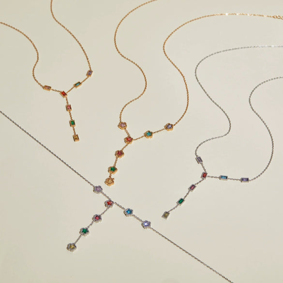 Wholesale Women's Geometric Pattern Electroplated 18K Stainless Steel Flower Inlaid With Colorful Zircon Necklace With Yshaped Chain