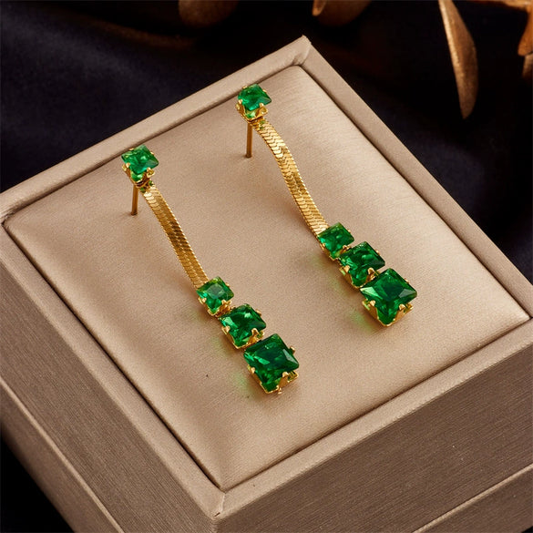 Wholesale Women's Geometric Pattern Stainless Steel Square Transparent Green Diamond Earrings With Electroplating