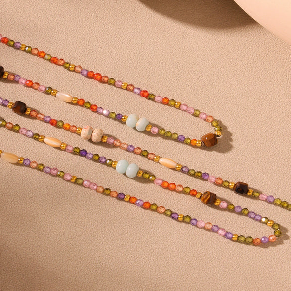 Wholesale Women's Geometric Pattern Stainless Steel Tiger's Eye Stone Shell Zircon Beaded Necklace With Electroplating