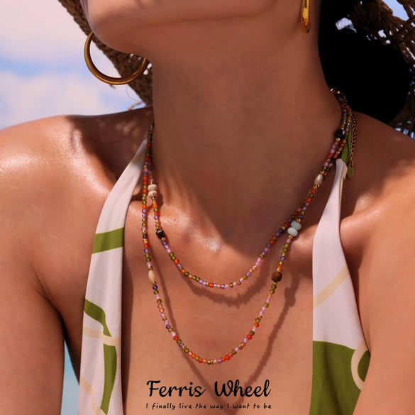 Wholesale Women's Geometric Pattern Stainless Steel Tiger's Eye Stone Shell Zircon Beaded Necklace With Electroplating