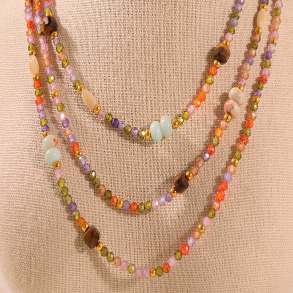 Wholesale Women's Geometric Pattern Stainless Steel Tiger's Eye Stone Shell Zircon Beaded Necklace With Electroplating