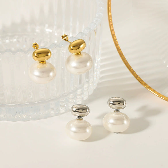 Wholesale Women's Geometric Pearl Earrings Stainless Steel 18K Gold Plated With Geometric Design