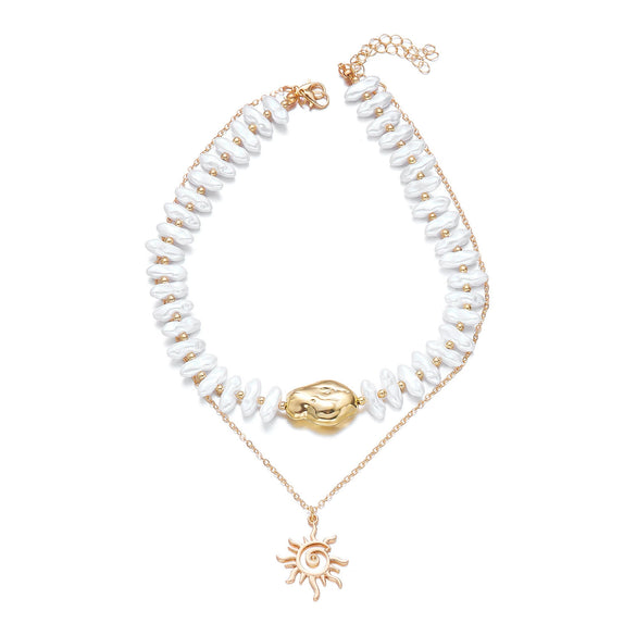 Wholesale Women's Geometric Pearl Sun Pendant Doublelayer Necklace Made Of Alloy With Electroplating
