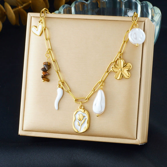 Wholesale Women's Geometric Pearl Tiger Eye Stone Pendant Flower Heart Stainless Steel Electroplated Accessories Set With Plants And Flowers Pattern