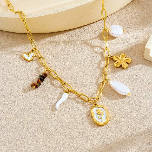 Wholesale Women's Geometric Pearl Tiger Eye Stone Pendant Flower Heart Stainless Steel Electroplated Accessories Set With Plants And Flowers Pattern
