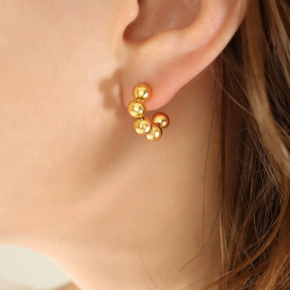 Wholesale Women's Geometric Personality Retro Small Round Bead Stitching Cshaped Titanium Steel 18K Gold Plated Earrings