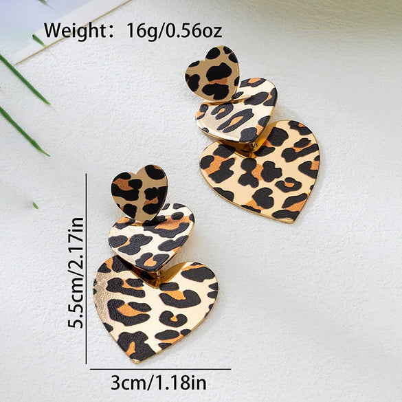 Wholesale Women's Geometric Punk Leopard Print Heart And Flower Shaped Stud And Pendant Earrings In Alloy And Stainless Steel With Electroplating