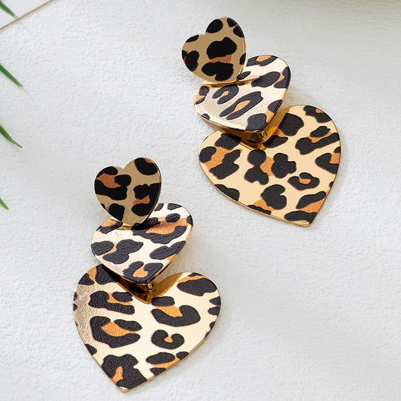 Wholesale Women's Geometric Punk Leopard Print Heart And Flower Shaped Stud And Pendant Earrings In Alloy And Stainless Steel With Electroplating