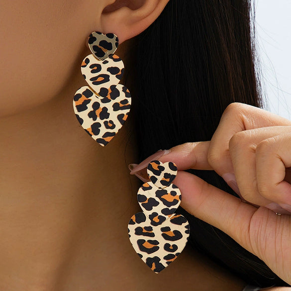 Wholesale Women's Geometric Punk Leopard Print Heart And Flower Shaped Stud And Pendant Earrings In Alloy And Stainless Steel With Electroplating