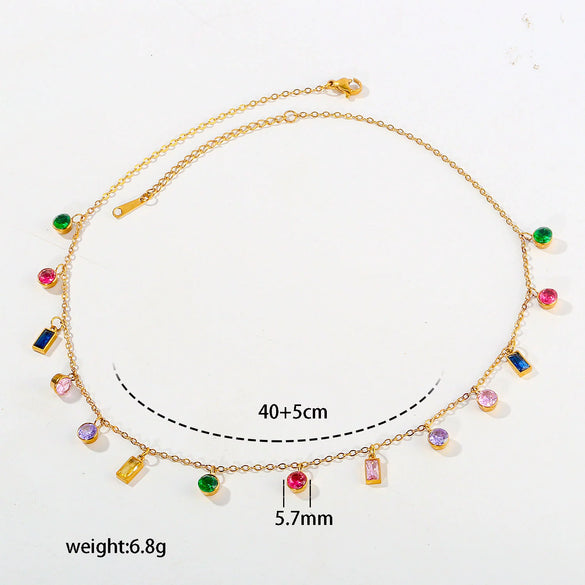 Wholesale Women's Geometric Rainbowcolored Zircon Tassel Pendant Stainless Steel Cross Chain Necklace With Electroplating