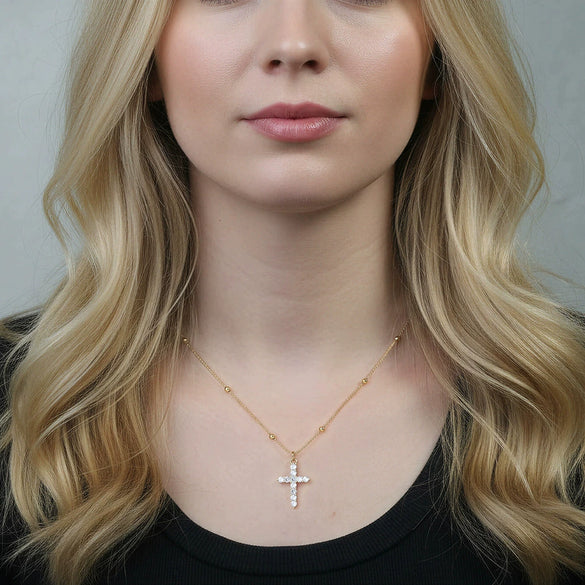 Wholesale Women's Geometric Real Gold Electroplated Zircon Cross Pendant Titanium Steel Calendering Chain Necklace