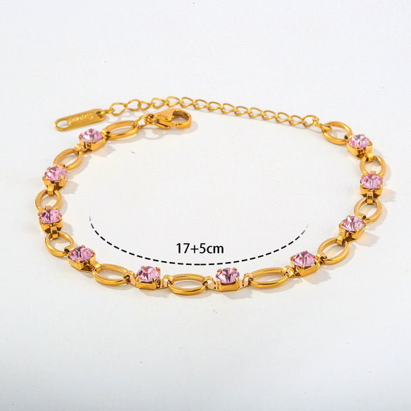Wholesale Women's Geometric Red Diamond Embellished Gold Electroplated Stainless Steel Chain Bracelet