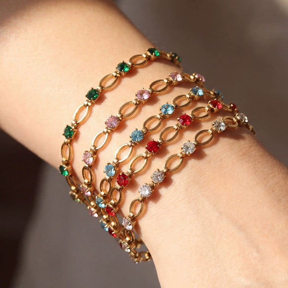 Wholesale Women's Geometric Red Diamond Embellished Gold Electroplated Stainless Steel Chain Bracelet