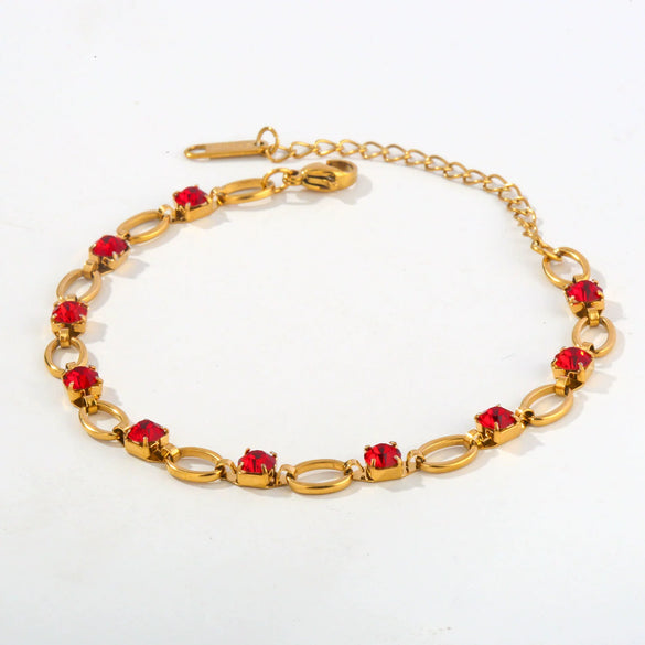 Wholesale Women's Geometric Red Diamond Embellished Gold Electroplated Stainless Steel Chain Bracelet