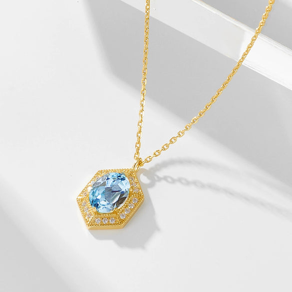 Wholesale Women's Geometric Retro Natural Sky Blue Topaz Sterling Silver 925 Silver Gem Inlaid Necklace With Cross Chain