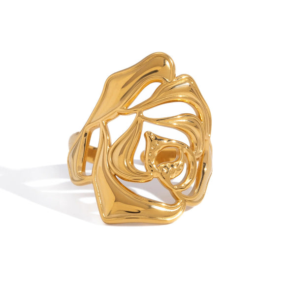Wholesale Women's Geometric Rose Flower Ring Stainless Steel Vacuum Real Gold Plated Jewelry