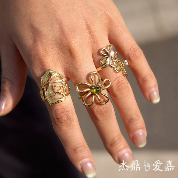 Wholesale Women's Geometric Rose Flower Ring Stainless Steel Vacuum Real Gold Plated Jewelry