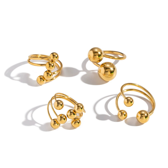 Wholesale Women's Geometric Round Ball Bead Open Ring Stainless Steel Pvd Furnace Vacuum Real Gold Plated Hand Jewelry