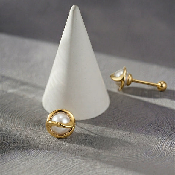 Wholesale Women's Geometric S925 Silver Pearl Screw Earrings With Zirconia Design