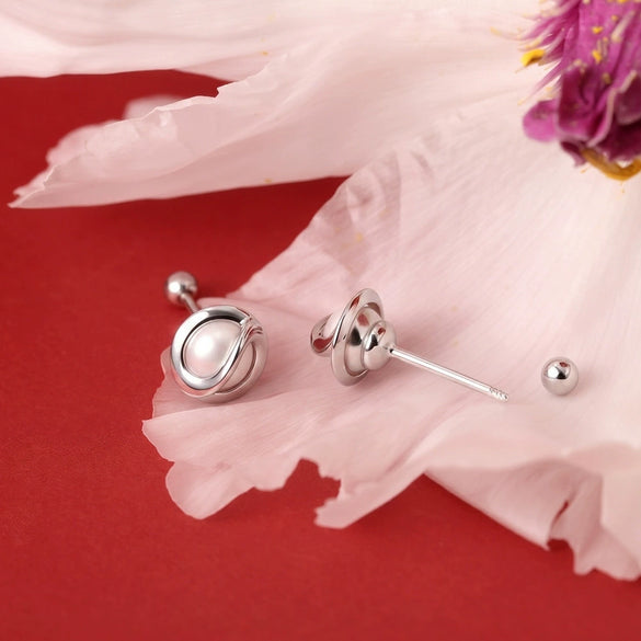 Wholesale Women's Geometric S925 Silver Pearl Screw Earrings With Zirconia Design
