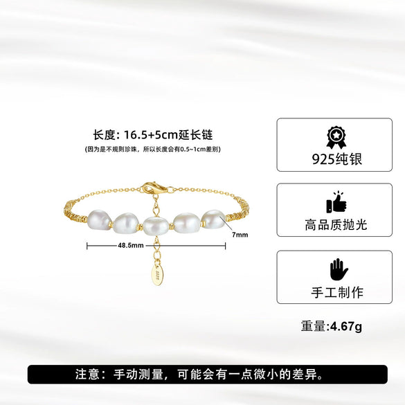 Wholesale Women's Geometric S925 Sterling Silver Natural Freshwater Pearl Adjustable Bracelet With Electroplating