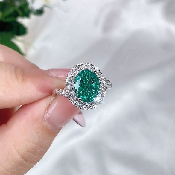 Wholesale Women's Geometric S925 Sterling Silver Palaiba Ring With Emerald And High Carbon Diamond Zircon