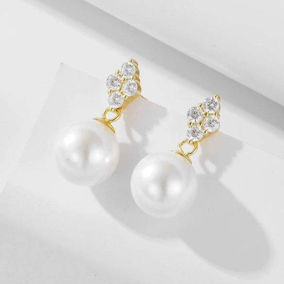 Wholesale Women's Geometric S925 Sterling Silver Pearl Inlaid Clover Earrings With Micro Inlaid Zircon