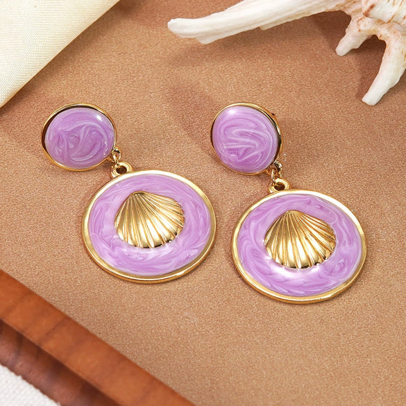 Wholesale Women's Geometric Shell Stainless Steel Dripping Oil Earrings Light Luxury Style