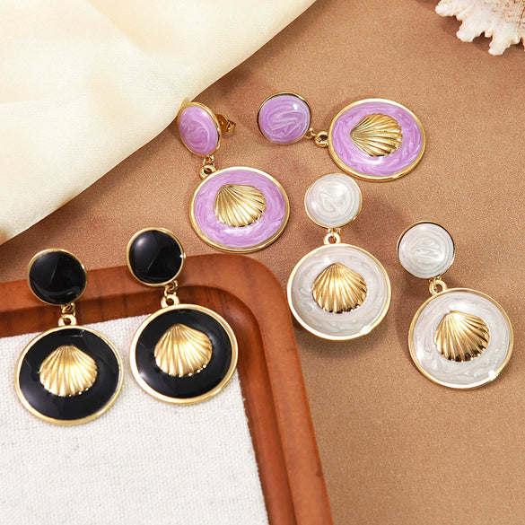 Wholesale Women's Geometric Shell Stainless Steel Dripping Oil Earrings Light Luxury Style