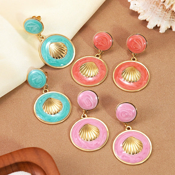 Wholesale Women's Geometric Shell Stainless Steel Dripping Oil Earrings Light Luxury Style