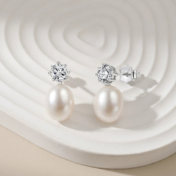 Wholesale Women's Geometric Silver Earrings With Zirconia And Freshwater Pearls