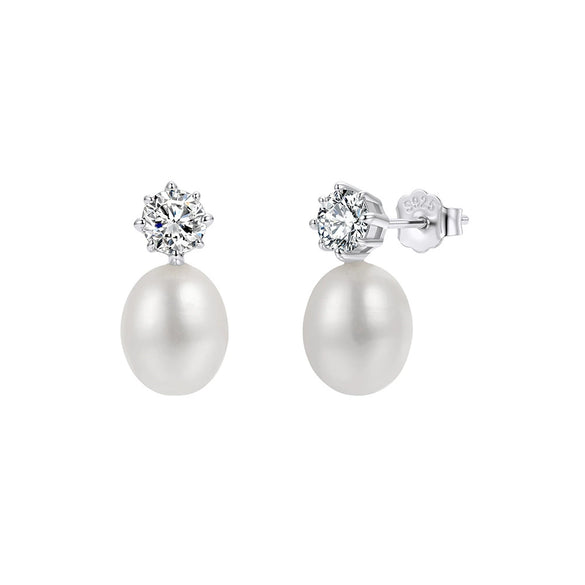 Wholesale Women's Geometric Silver Earrings With Zirconia And Freshwater Pearls