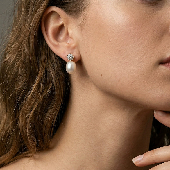 Wholesale Women's Geometric Silver Earrings With Zirconia And Freshwater Pearls