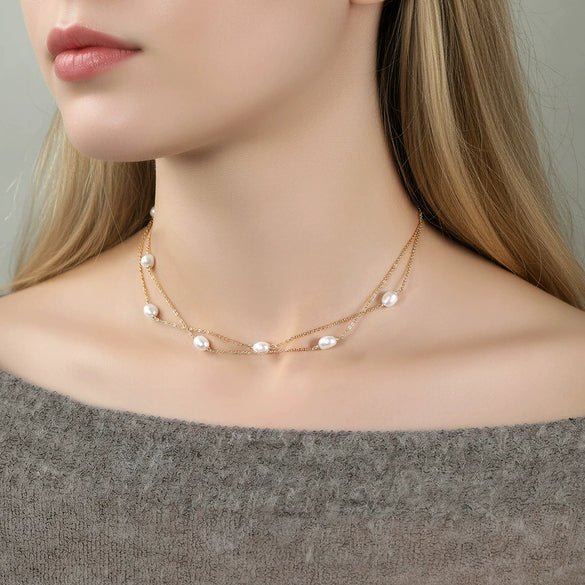 Wholesale Women's Geometric 925 Silver Freshwater Pearl Cross Chain Electroplated Doublelayered Choker Necklace