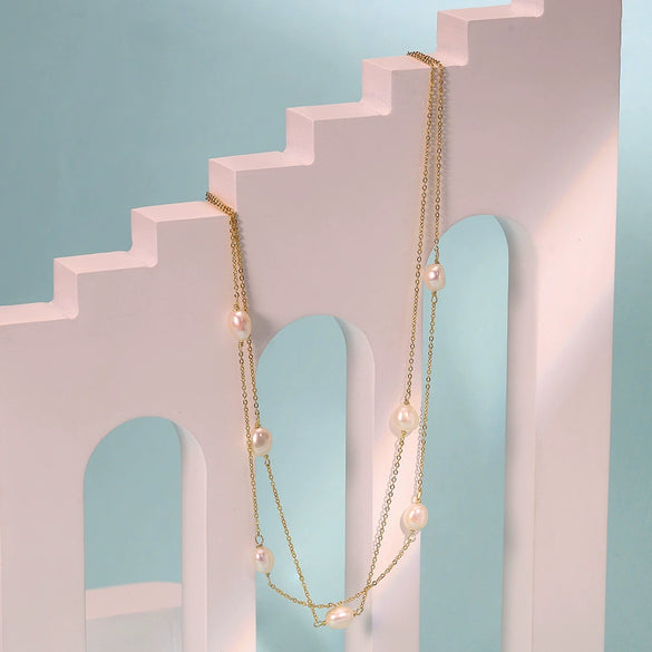 Wholesale Women's Geometric 925 Silver Freshwater Pearl Cross Chain Electroplated Doublelayered Choker Necklace