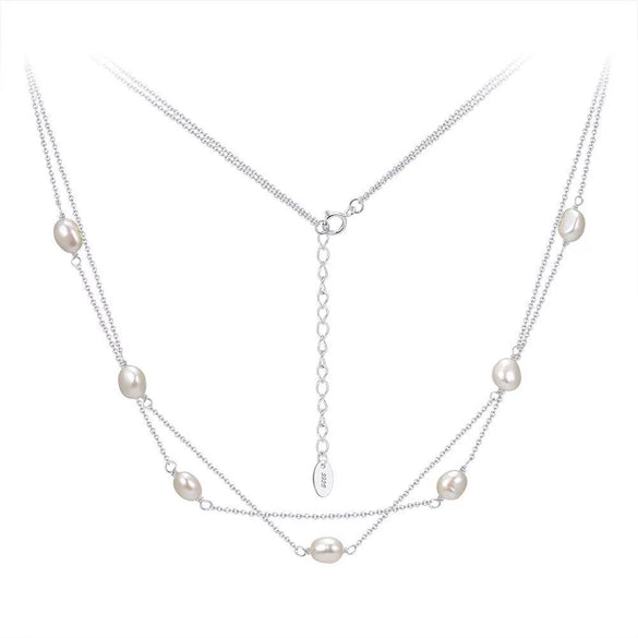 Wholesale Women's Geometric 925 Silver Freshwater Pearl Cross Chain Electroplated Doublelayered Choker Necklace