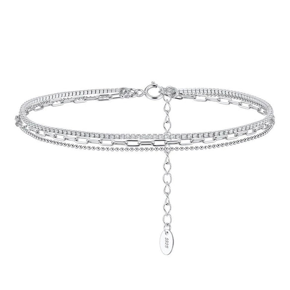 Wholesale Women's Geometric Silver Zircon Tennis Chain Bead Anklet Jewelry