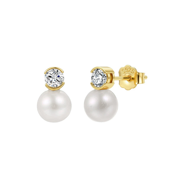 Wholesale Women's Geometric Silver Zirconia Stud Earrings With White Pearl
