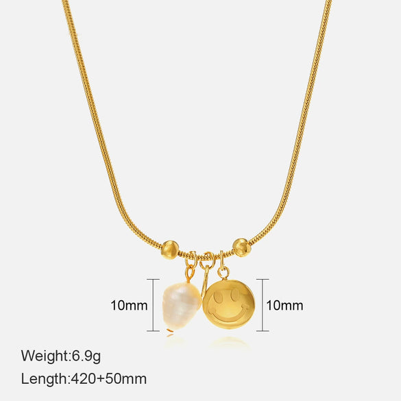 Wholesale Women's Geometric Smiley Pearl Pendant Necklace With Electroplated Stainless Steel And Titanium Steel