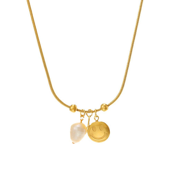 Wholesale Women's Geometric Smiley Pearl Pendant Necklace With Electroplated Stainless Steel And Titanium Steel