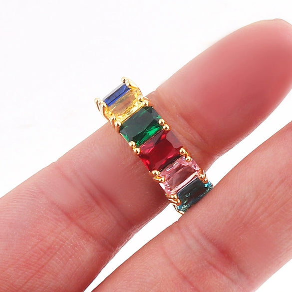 Wholesale Women's Geometric Square Copper Goldplated Inlaid Artificial Gem And Semiprecious Stone Ring Jewelry