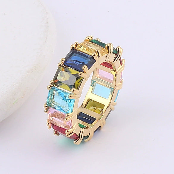 Wholesale Women's Geometric Square Copper Goldplated Inlaid Artificial Gem And Semiprecious Stone Ring Jewelry