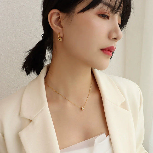 Wholesale Women's Geometric Square Diamond Titanium Steel Electroplated Jewelry Set Of Earrings And Necklace