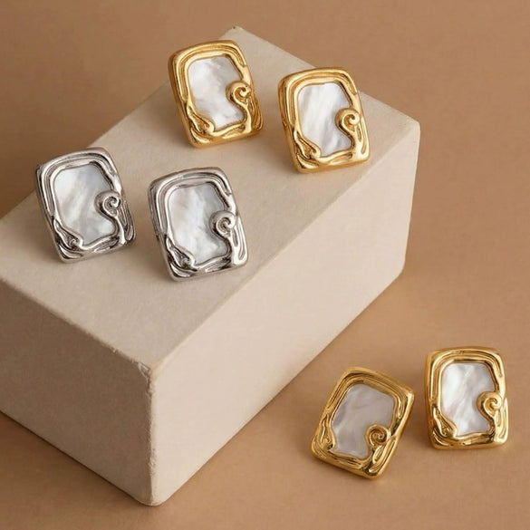 Wholesale Women's Geometric Square Enamel Stainless Steel Earrings With 18K Real Gold Plating Niche Style
