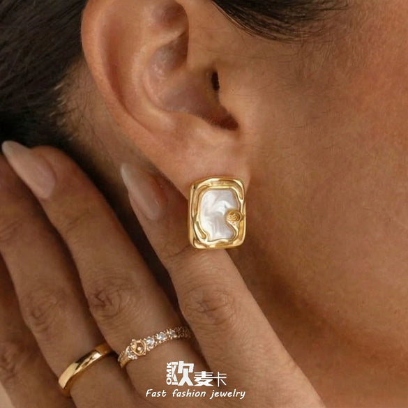 Wholesale Women's Geometric Square Enamel Stainless Steel Earrings With 18K Real Gold Plating Niche Style