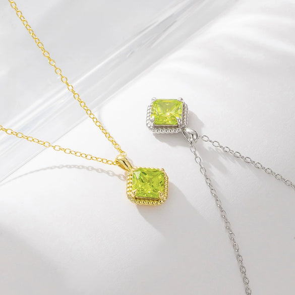 Wholesale Women's Geometric Square Green Diamond S925 Sterling Silver Pendant Necklace With Cross Chain