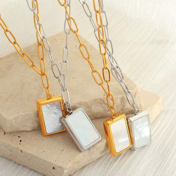 Wholesale Women's Geometric Square Shell 316L Stainless Steel Gold Plated Pendant Necklace