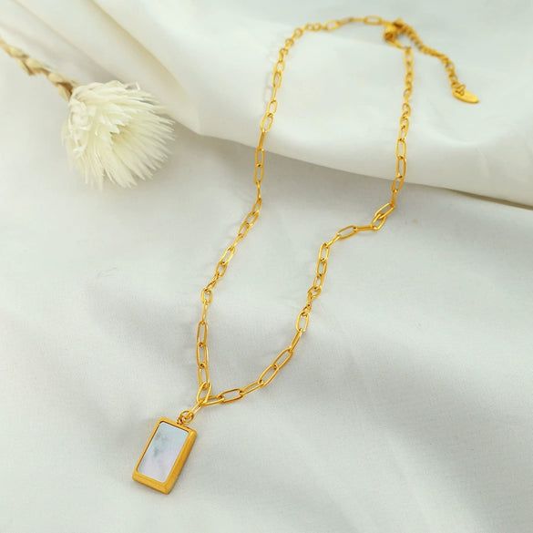 Wholesale Women's Geometric Square Shell 316L Stainless Steel Gold Plated Pendant Necklace