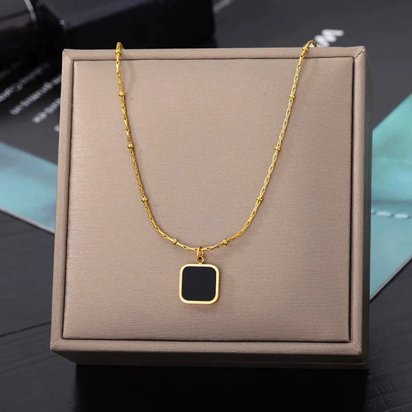 Wholesale Women's Geometric Square Stainless Steel Zircon Necklace With Electroplating Treatment And Ball Bead Chain
